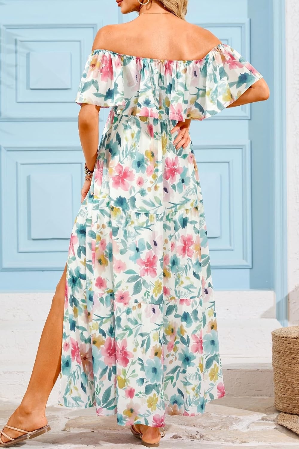 Maternity Dress for Photoshoot Off Shoulder Ruffles Summer Flowy Maxi Pregnancy Dress for Baby Shower with Slit(White Floral)