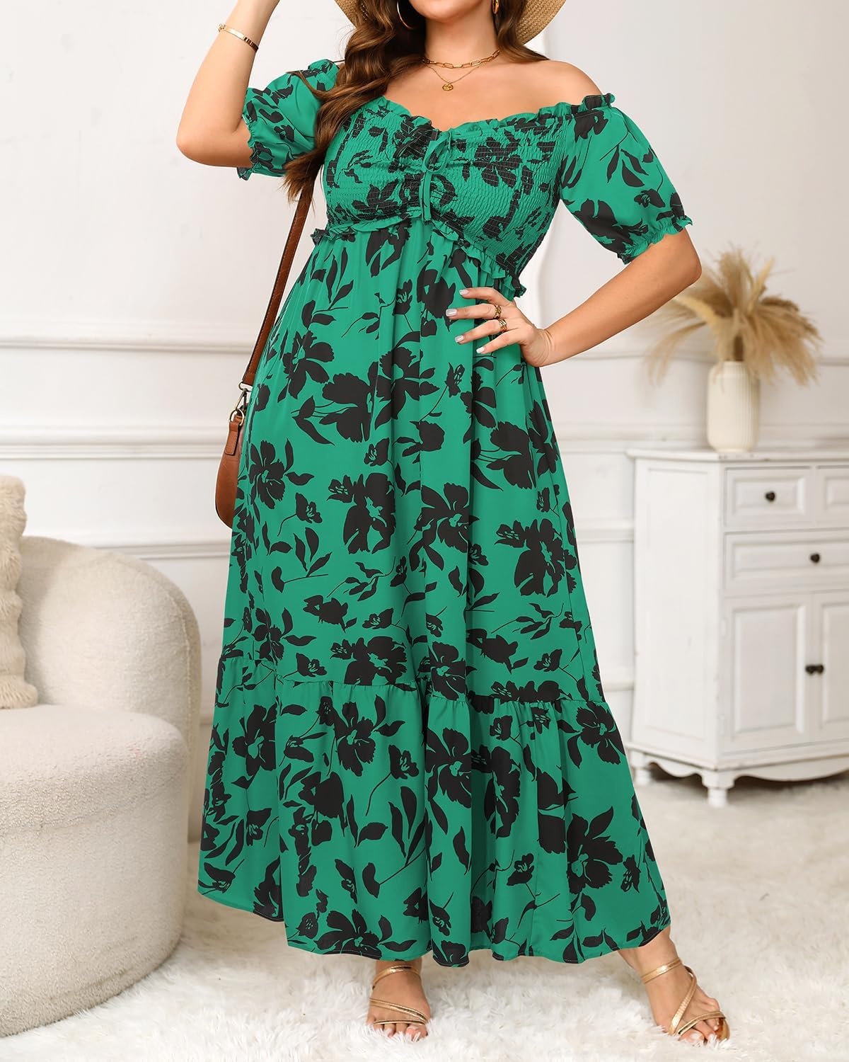 Plus Size Sun Dresses Women – Summer Off the Shoulder Puff Sleeve A Line Boho Maxi Flow Long Dress 2025(Green Floral)