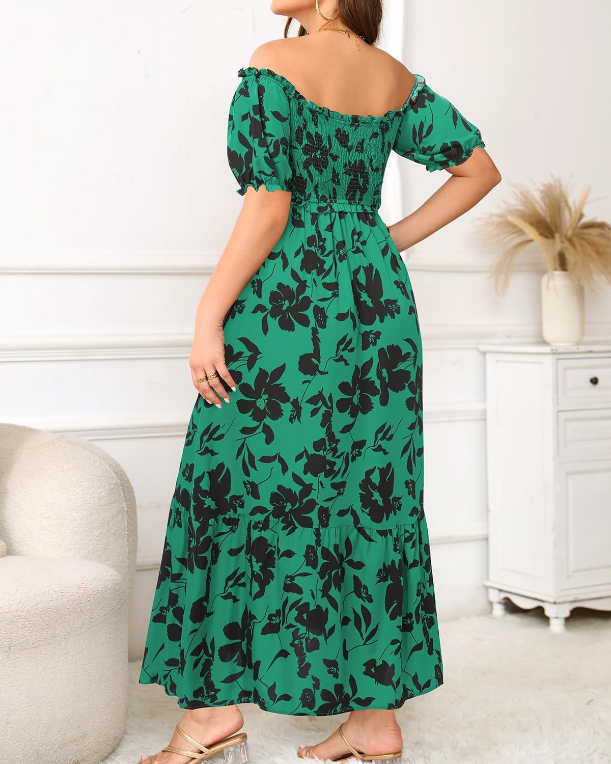 Plus Size Sun Dresses Women – Summer Off the Shoulder Puff Sleeve A Line Boho Maxi Flow Long Dress 2025(Green Floral)