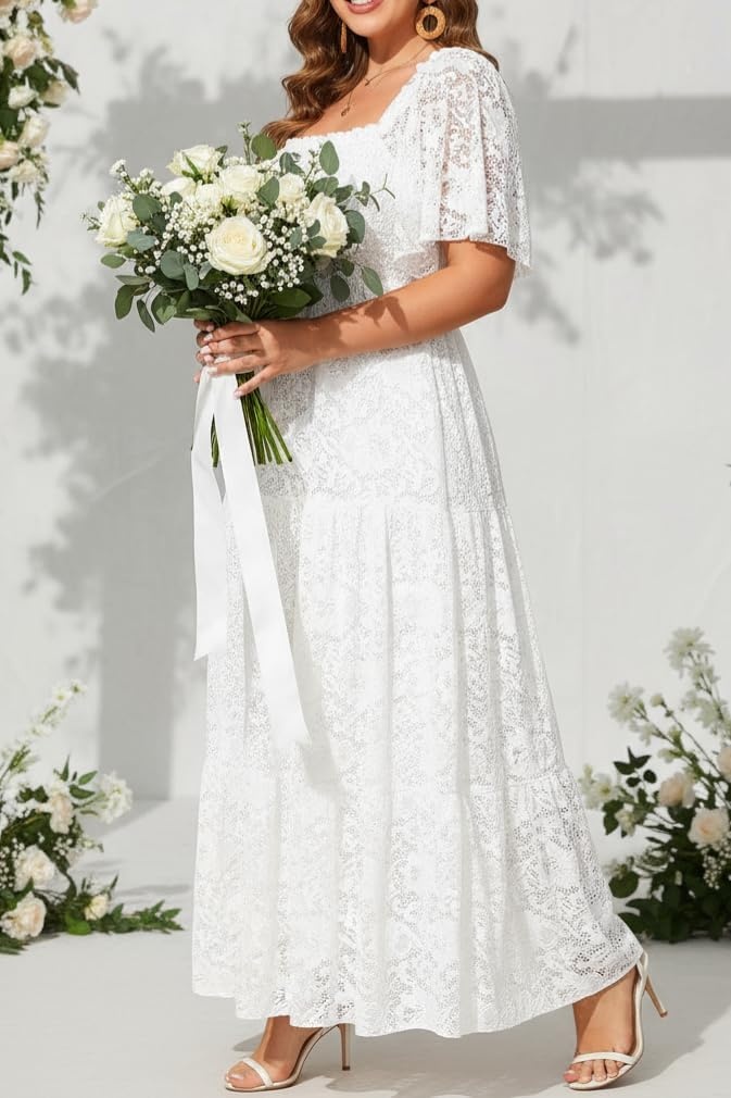 Talisea Women’s Plus Size Floral Lace Wedding Boho Dress Flowy Smocked Tiered Maxi Dress(White)