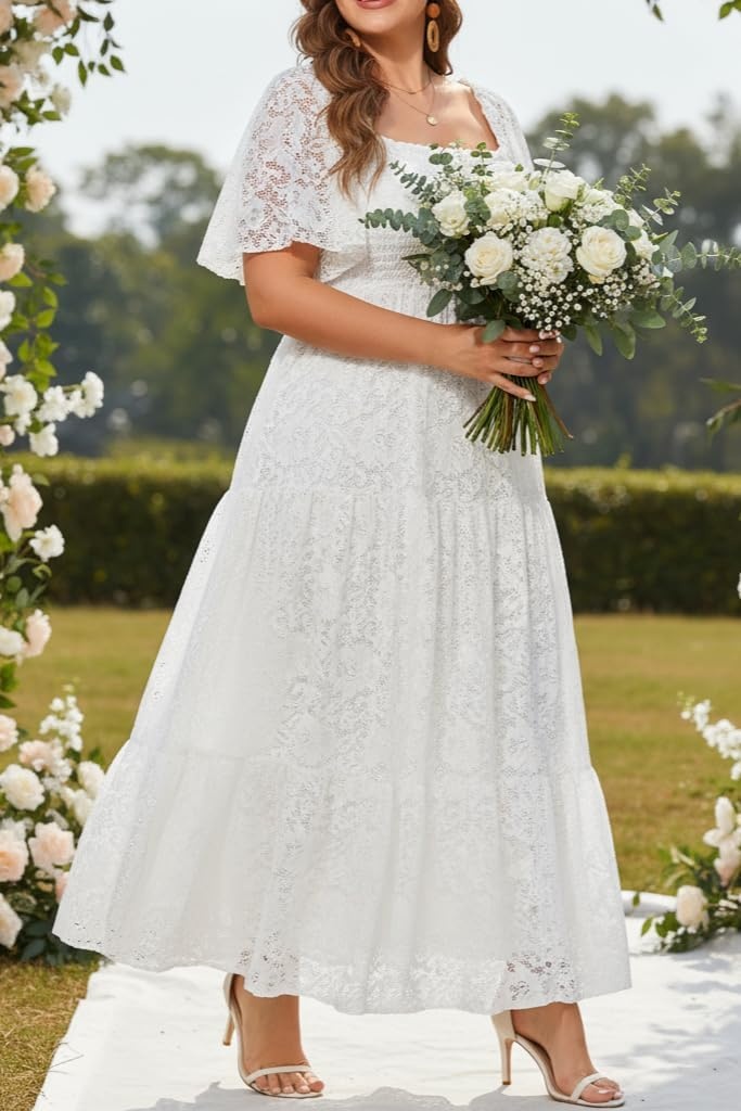 Talisea Women’s Plus Size Floral Lace Wedding Boho Dress Flowy Smocked Tiered Maxi Dress(White)