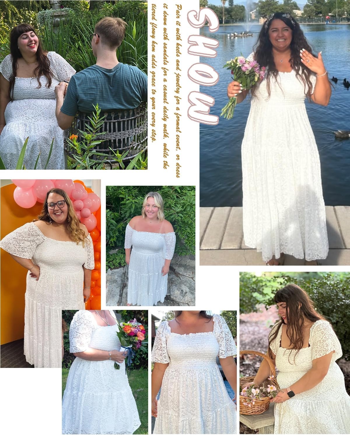 Talisea Women’s Plus Size Floral Lace Wedding Boho Dress Flowy Smocked Tiered Maxi Dress(White)