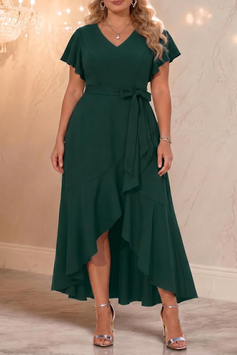 Women Plus Size Wedding Guest Dress – Formal Cocktail Split Ruffle V Neck High Low Party Long Maxi Dresses(Emerald Green)