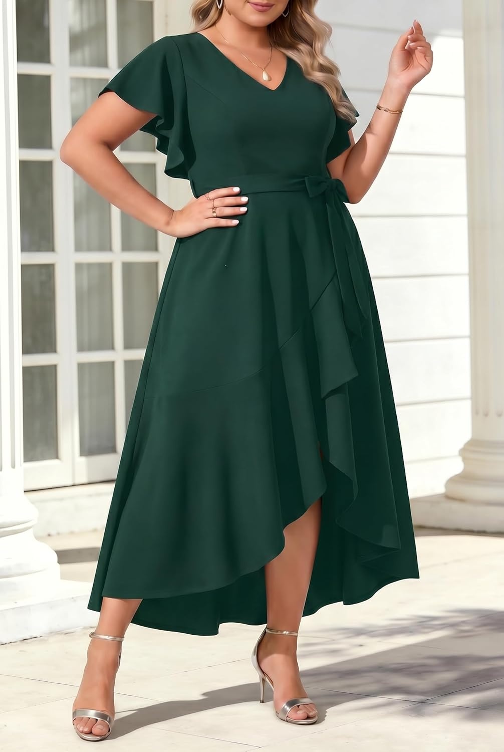 Women Plus Size Wedding Guest Dress – Formal Cocktail Split Ruffle V Neck High Low Party Long Maxi Dresses(Emerald Green)