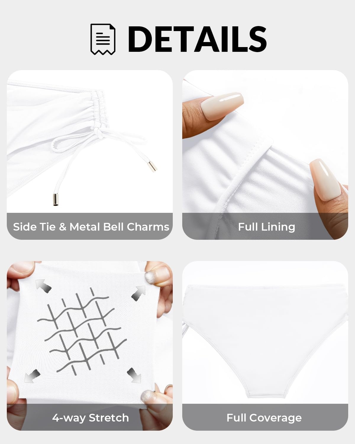 Talisea Womens Low Rise Bikini Bottoms – Side Tie Bathing Suit Swim Bottom Ruched Swimsuits Swimwear(White)