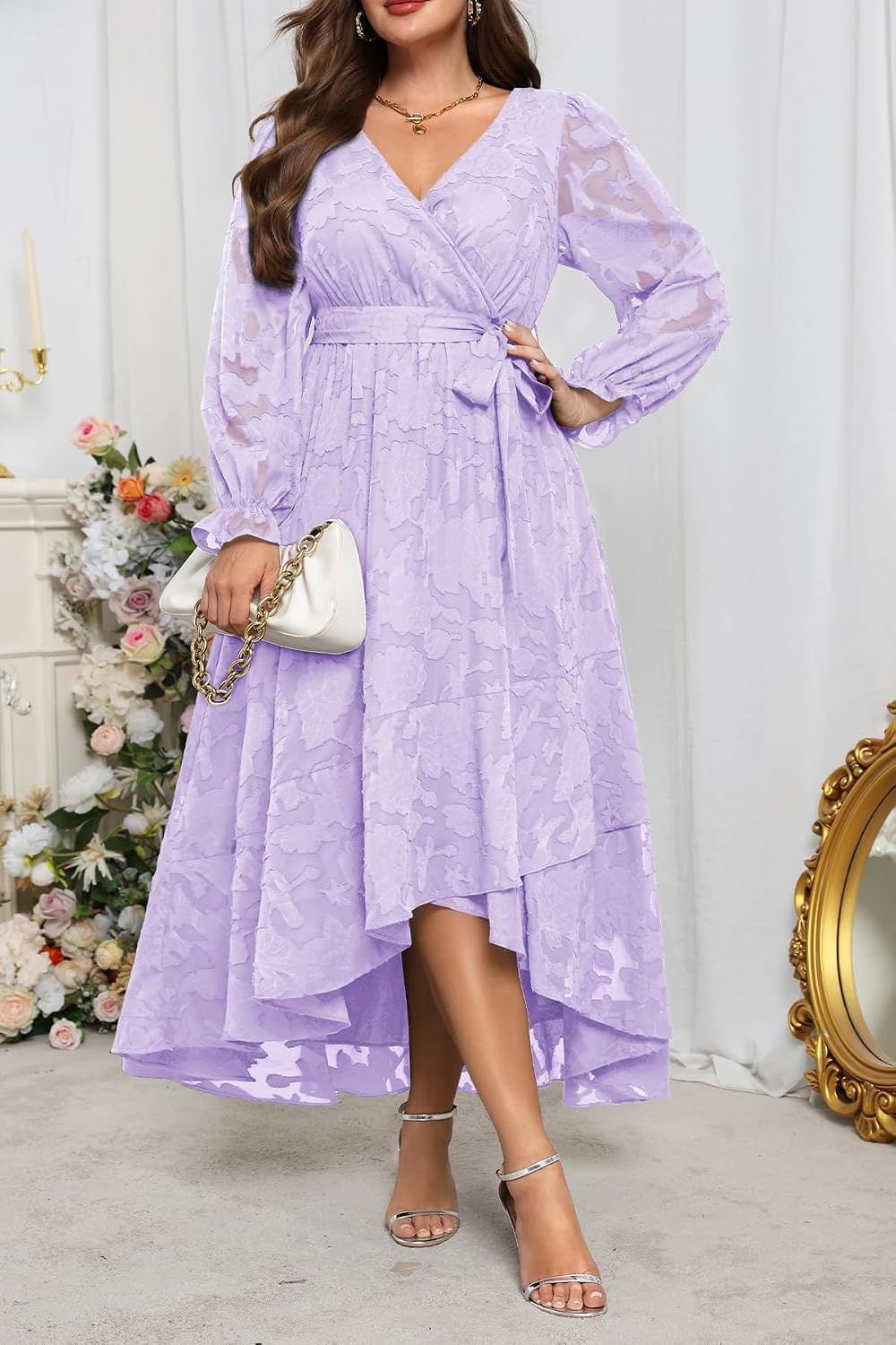 Plus Size Dresses Wedding Guest Fall Floral Long Sleeve Maxi Dress Women(Light Lavender)