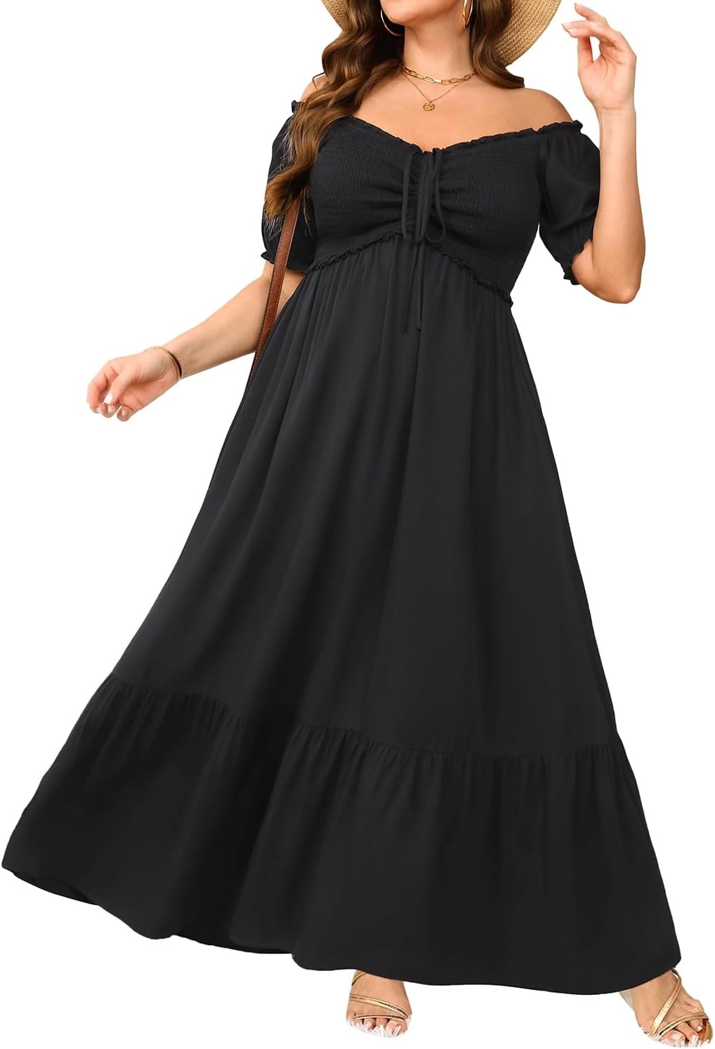 Plus Size Summer Dresses Off the Shoulder Boho Maxi A Line Long Dress Women | Plus Size Summer Maxi Dresses Women Casual Boho Off the Shoulder Long Dress Spring Flowy Beach Vacation Sundress(Black)