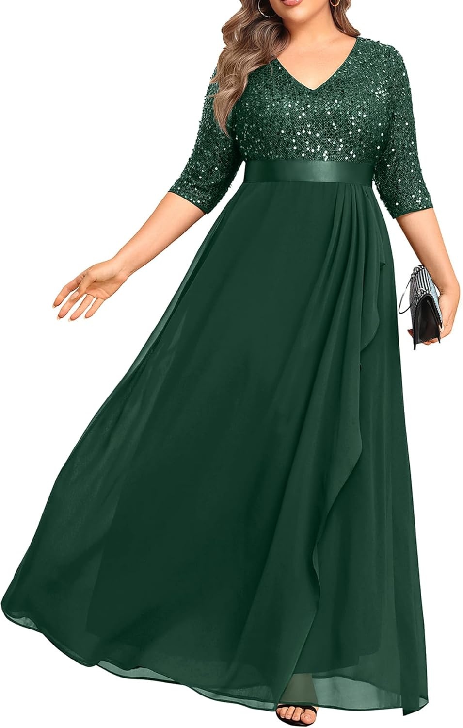 Talisea Plus Size Formal Dresses – V Neck 3/4 Sleeves Sequin Evening Gowns Prom Gala Wedding Guest Chiffon Long Maxi Dress(Green)