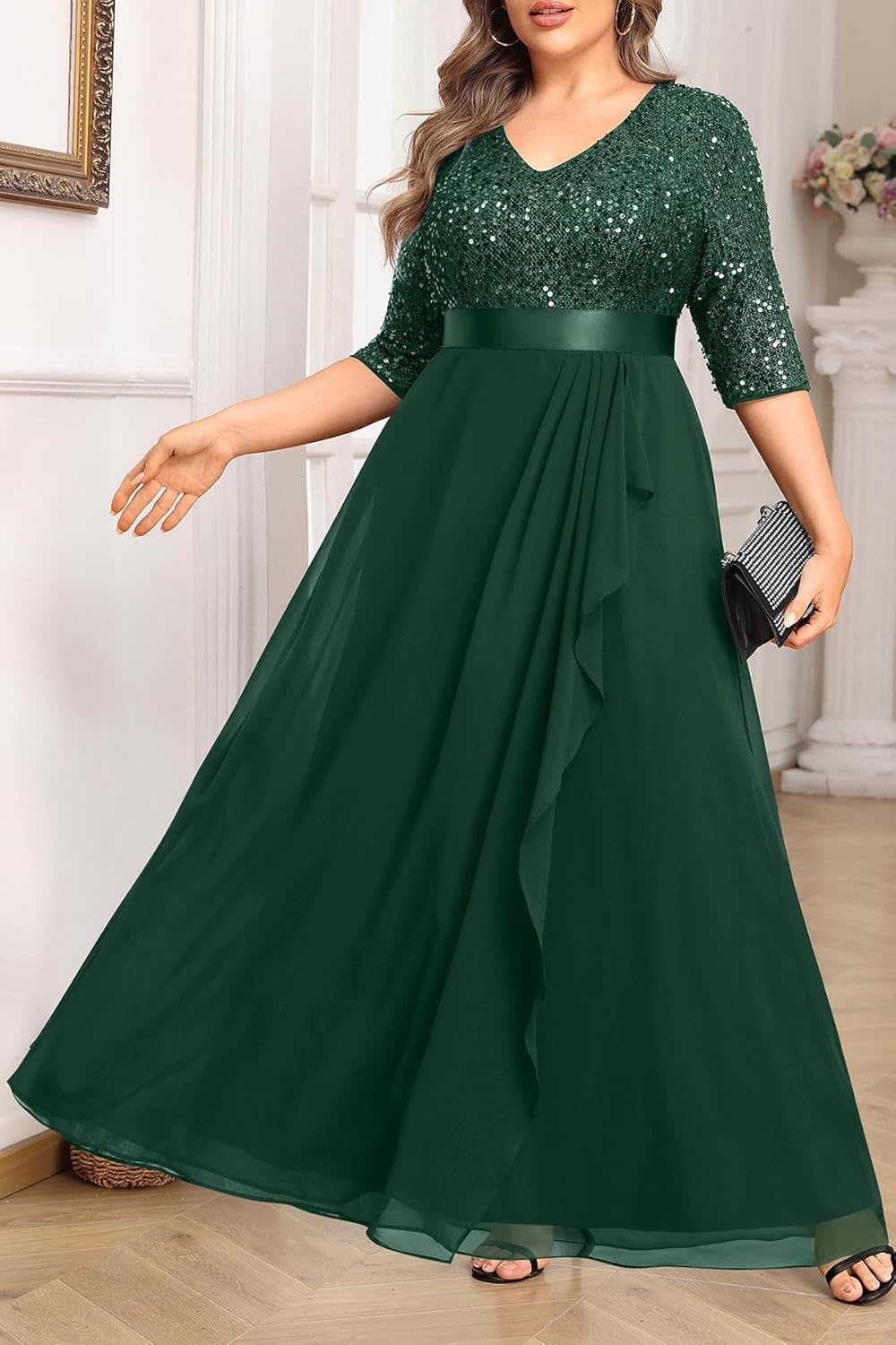 Talisea Plus Size Formal Dresses – V Neck 3/4 Sleeves Sequin Evening Gowns Prom Gala Wedding Guest Chiffon Long Maxi Dress(Green)