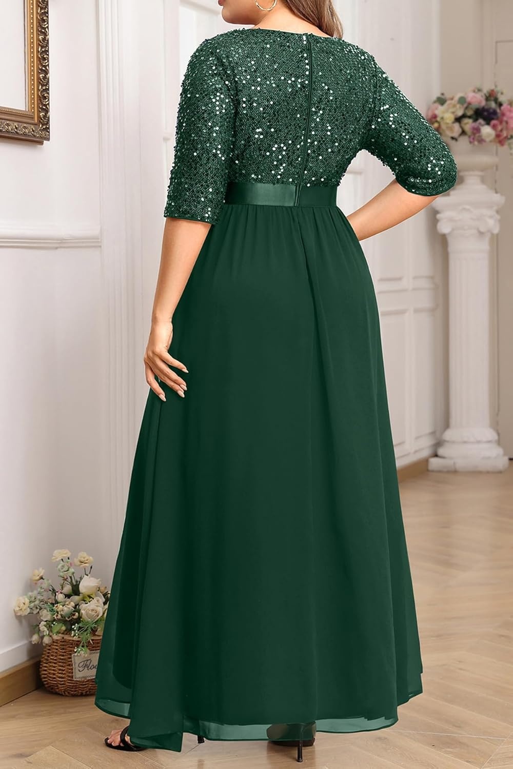 Talisea Plus Size Formal Dresses – V Neck 3/4 Sleeves Sequin Evening Gowns Prom Gala Wedding Guest Chiffon Long Maxi Dress(Green)