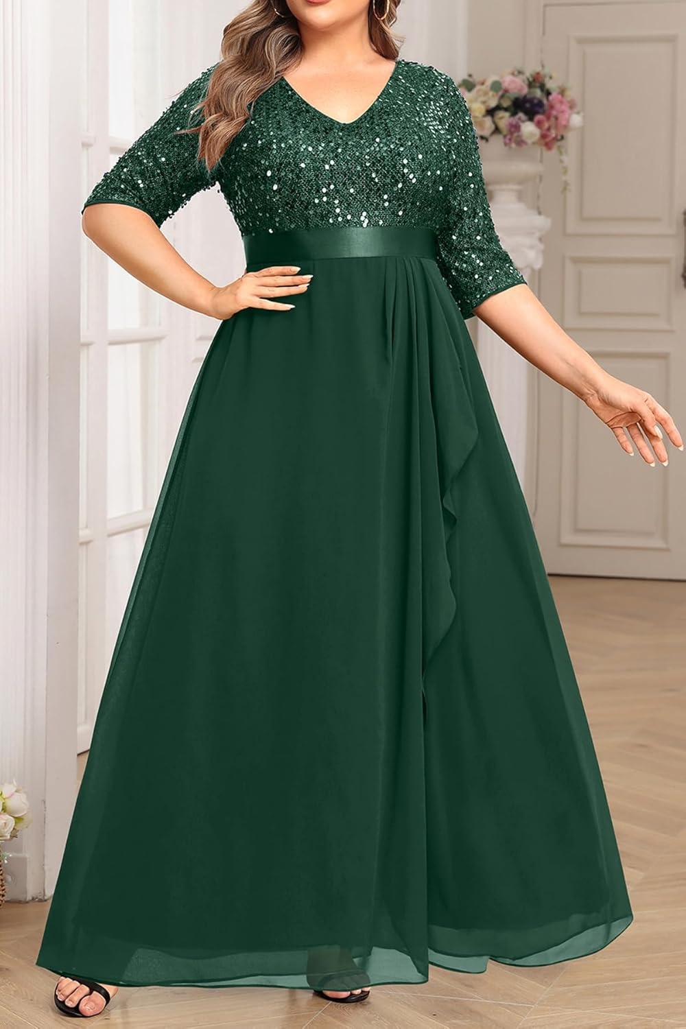 Talisea Plus Size Formal Dresses – V Neck 3/4 Sleeves Sequin Evening Gowns Prom Gala Wedding Guest Chiffon Long Maxi Dress(Green)
