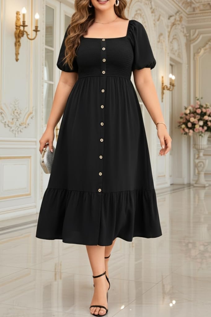 Plus Size Summer Dresses – Boho Casual Wedding Guest Midi Flowy Short Sleeves Smocked Button Down Dress for Curvy Women(Black)