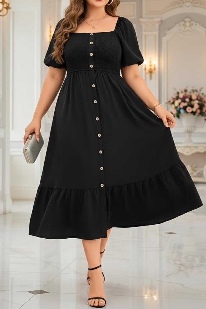 Plus Size Summer Dresses – Boho Casual Wedding Guest Midi Flowy Short Sleeves Smocked Button Down Dress for Curvy Women(Black)