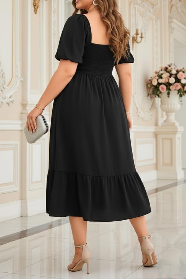 Plus Size Summer Dresses – Boho Casual Wedding Guest Midi Flowy Short Sleeves Smocked Button Down Dress for Curvy Women(Black)