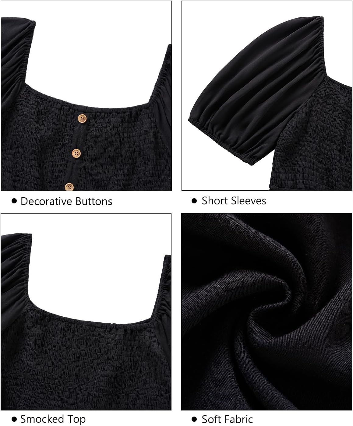 Plus Size Summer Dresses – Boho Casual Wedding Guest Midi Flowy Short Sleeves Smocked Button Down Dress for Curvy Women(Black)