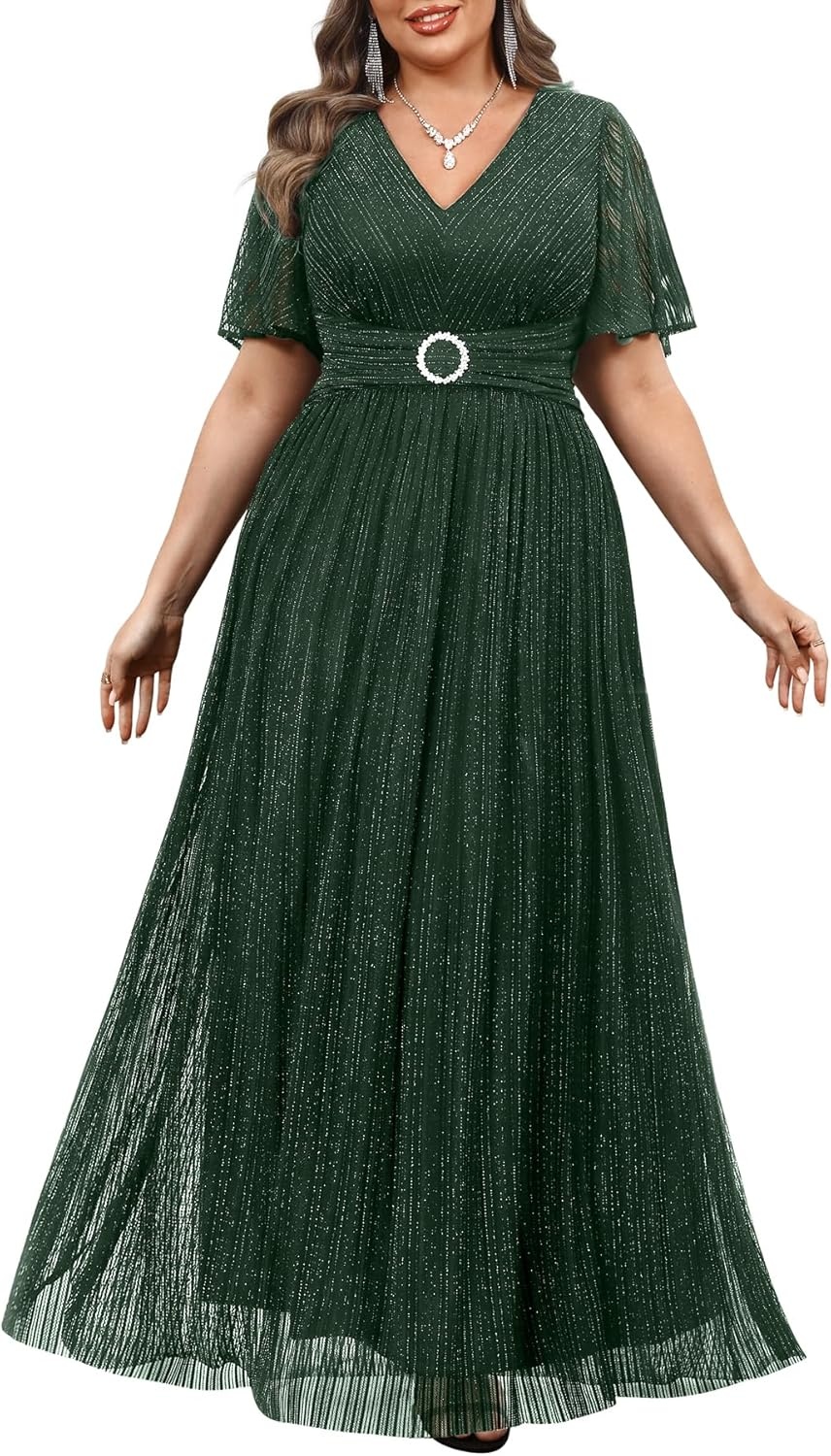 Plus Size Formal Dresses – Evening Gown Sparkly Sequin Glitter Prom Gala Ball Wedding Guest Maxi Dress with Short Sleeve(Green)
