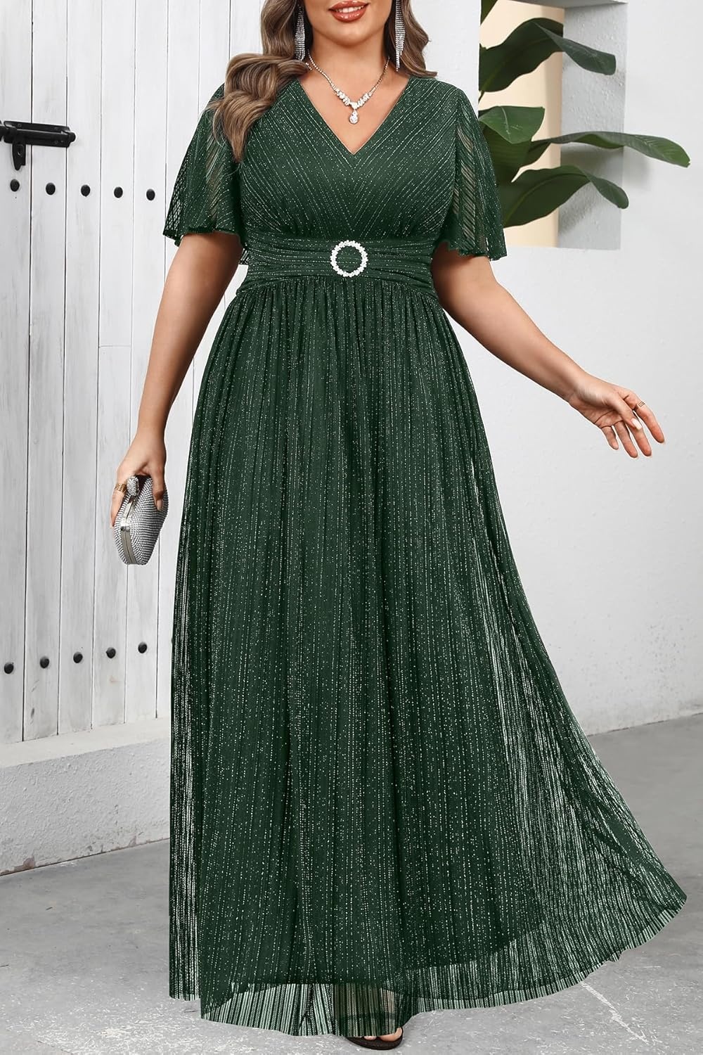Plus Size Formal Dresses – Evening Gown Sparkly Sequin Glitter Prom Gala Ball Wedding Guest Maxi Dress with Short Sleeve(Green)