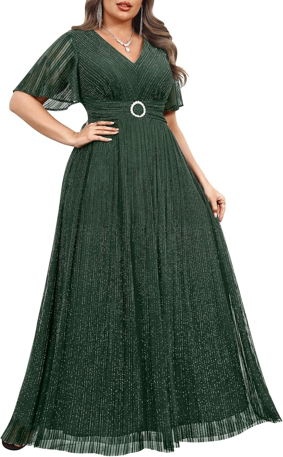 Plus Size Formal Dresses – Evening Gown Sparkly Sequin Glitter Prom Gala Ball Wedding Guest Maxi Dress with Short Sleeve(Green)
