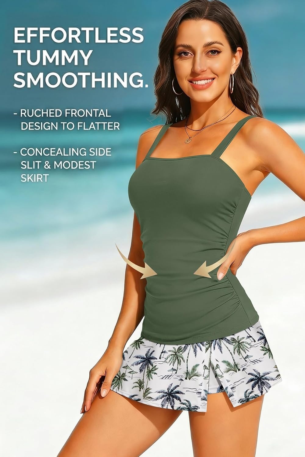 Talisea Womens Two Piece Tankini Bathing Suits with Skirt Tummy Control Swimsuits Ladies Swimwear(Green Palm Tree)