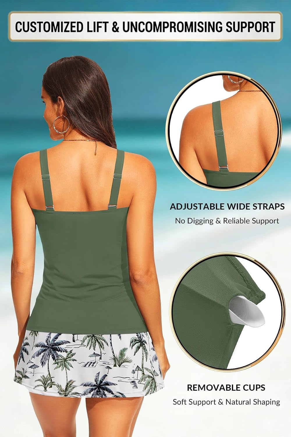 Talisea Womens Two Piece Tankini Bathing Suits with Skirt Tummy Control Swimsuits Ladies Swimwear(Green Palm Tree)