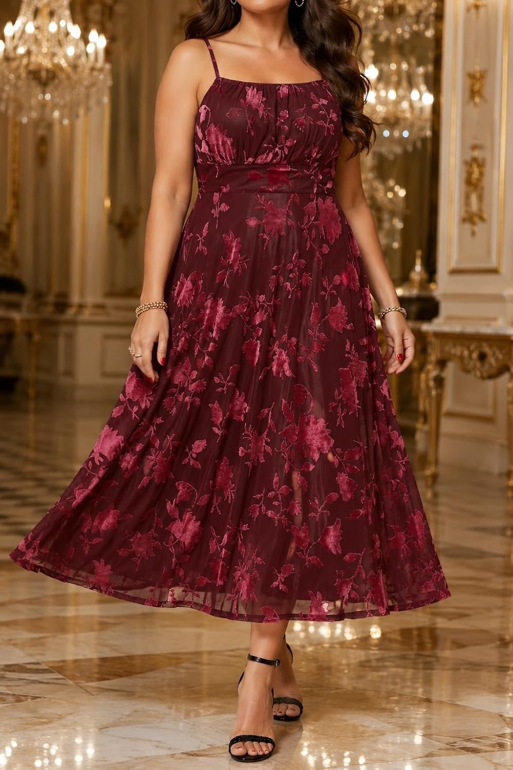 Plus Size Cocktail Dresses – Velvet Party Summer Formal Wedding Guest Sleeveless Spaghetti Strap Floral Midi Dress(Burgundy Floral)