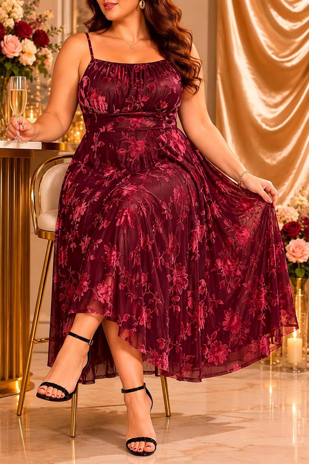 Plus Size Cocktail Dresses – Velvet Party Summer Formal Wedding Guest Sleeveless Spaghetti Strap Floral Midi Dress(Burgundy Floral)