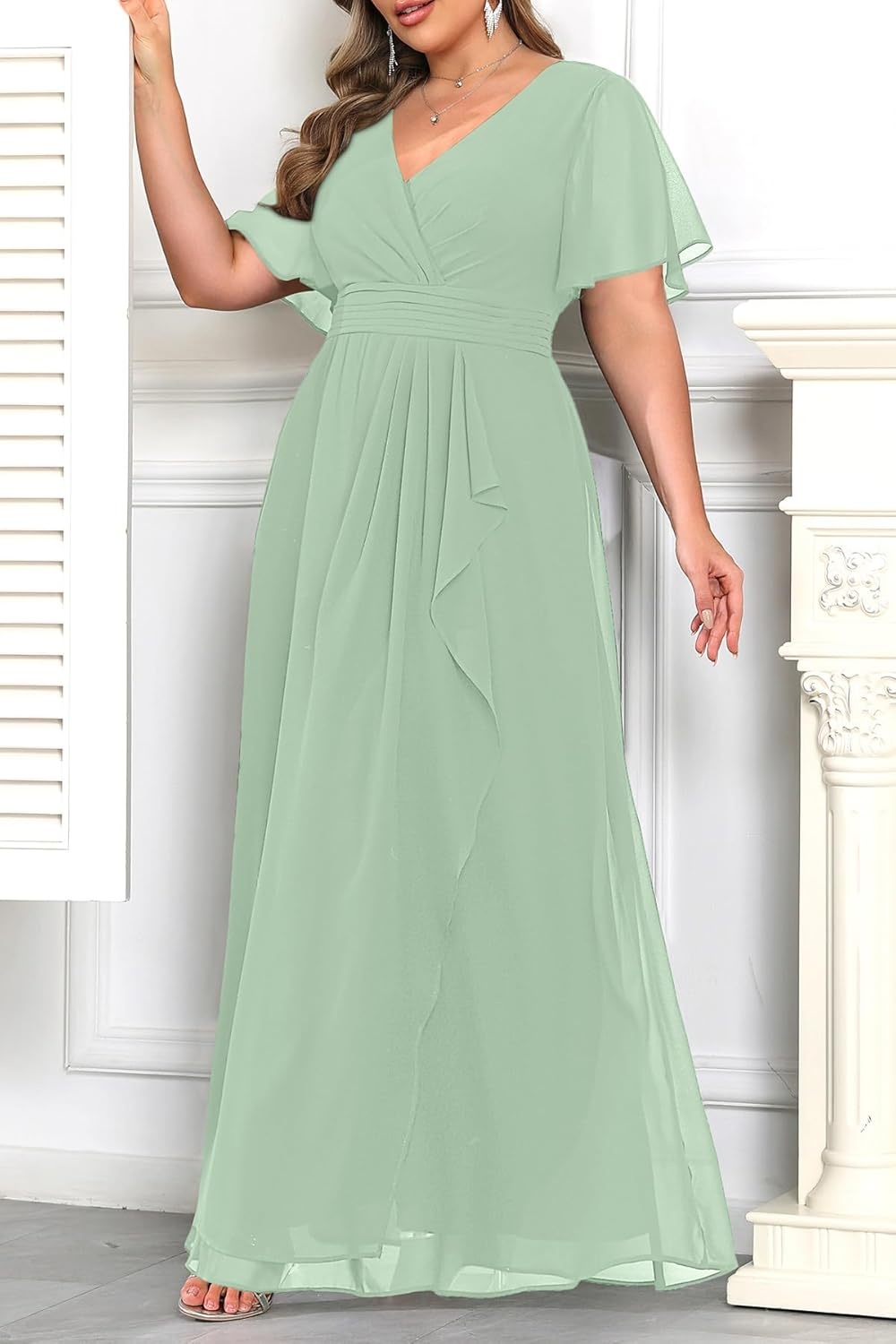 Talisea Plus Size Formal Dresses – Wedding Guest Bridesmaid Evening Prom Chiffon V Neck Ruffle Short Sleeves Long Dress Women(Sage Green)