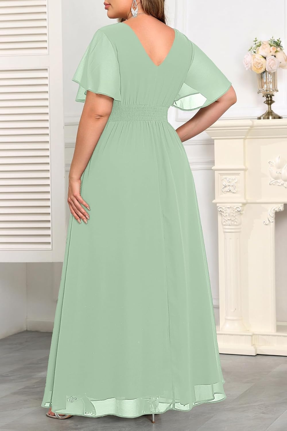 Talisea Plus Size Formal Dresses – Wedding Guest Bridesmaid Evening Prom Chiffon V Neck Ruffle Short Sleeves Long Dress Women(Sage Green)