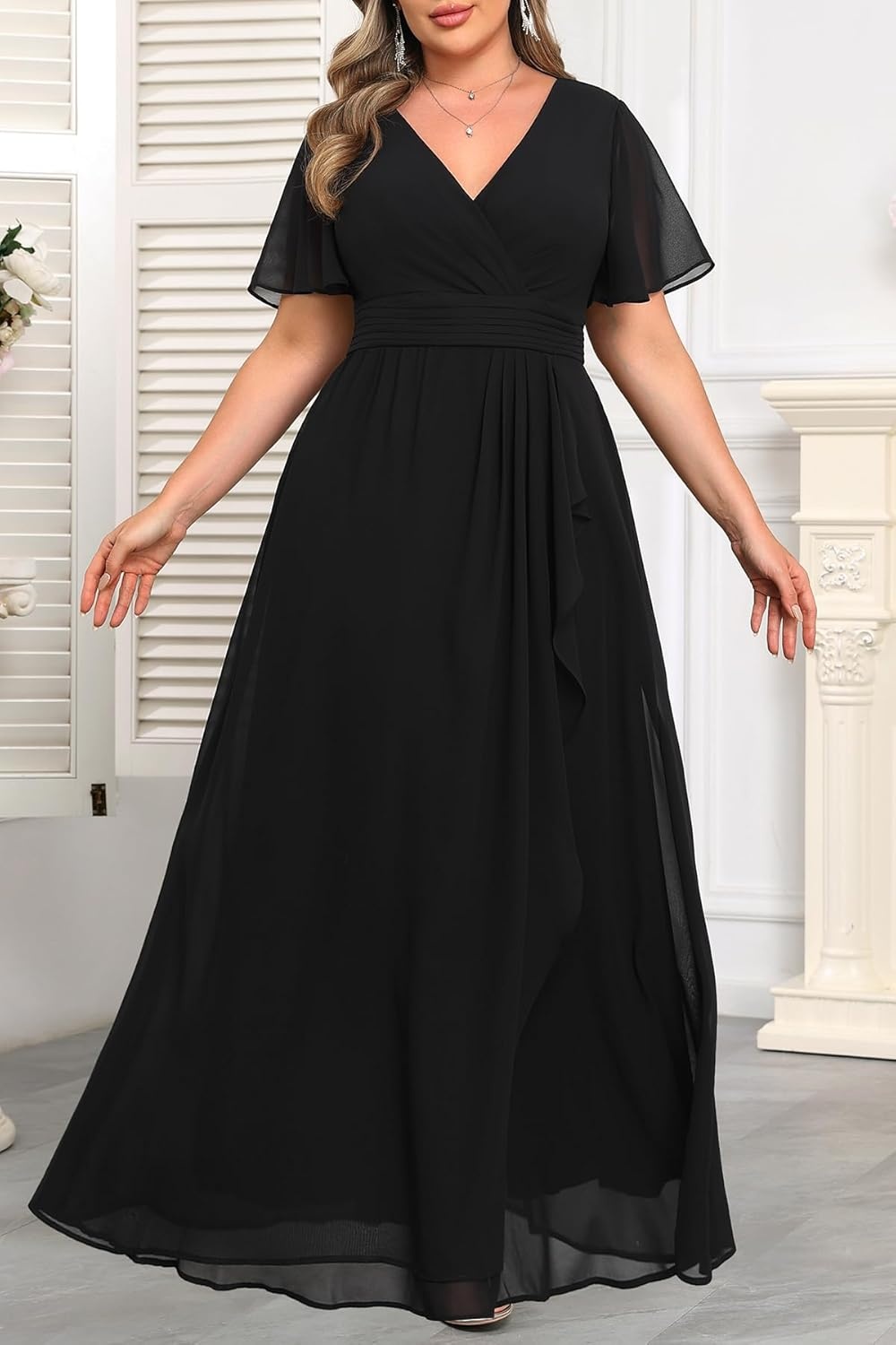 Talisea Plus Size Formal Dresses – Wedding Guest Bridesmaid Evening Prom Chiffon V Neck Ruffle Short Sleeves Long Dress Women(Black)