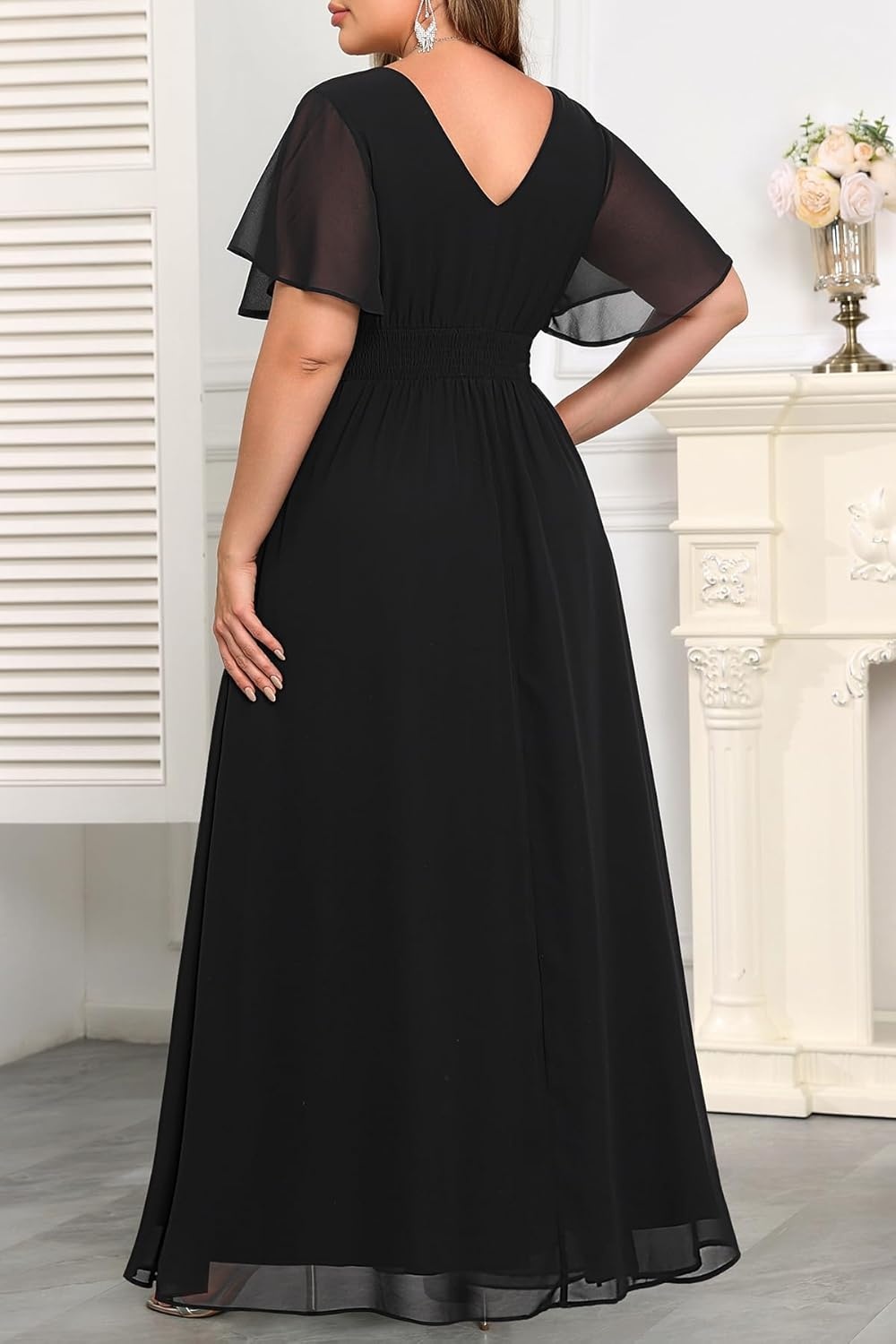 Talisea Plus Size Formal Dresses – Wedding Guest Bridesmaid Evening Prom Chiffon V Neck Ruffle Short Sleeves Long Dress Women(Black)
