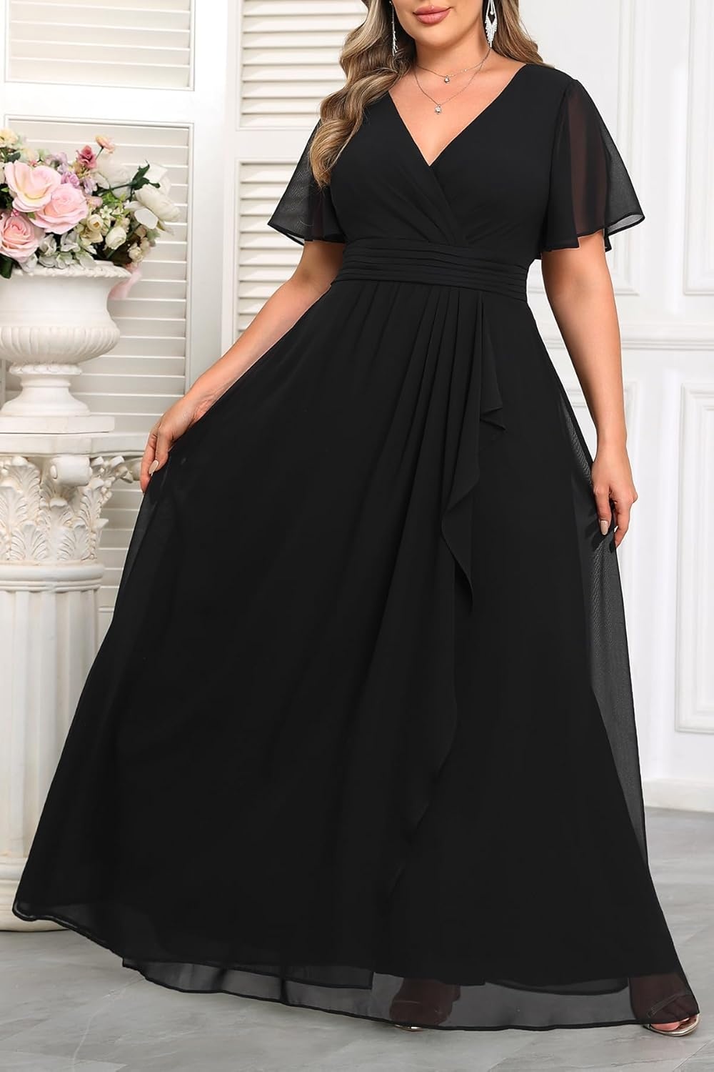 Talisea Plus Size Formal Dresses – Wedding Guest Bridesmaid Evening Prom Chiffon V Neck Ruffle Short Sleeves Long Dress Women(Black)