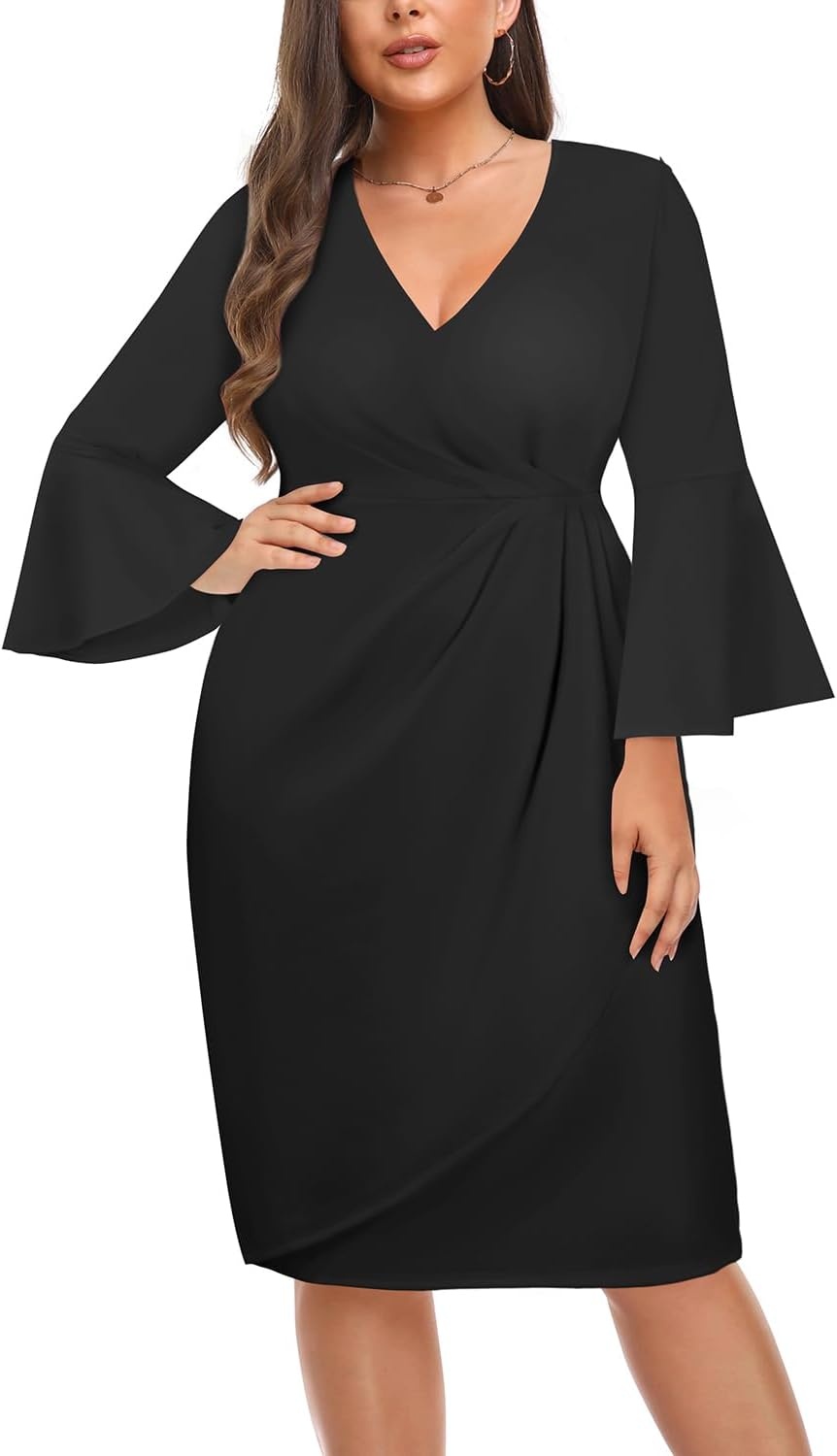 Talisea Women Plus Size Work Dress – Semi Formal Wedding Guest Church Business Office Interview V Neck Bell Sleeve Dress(Black)
