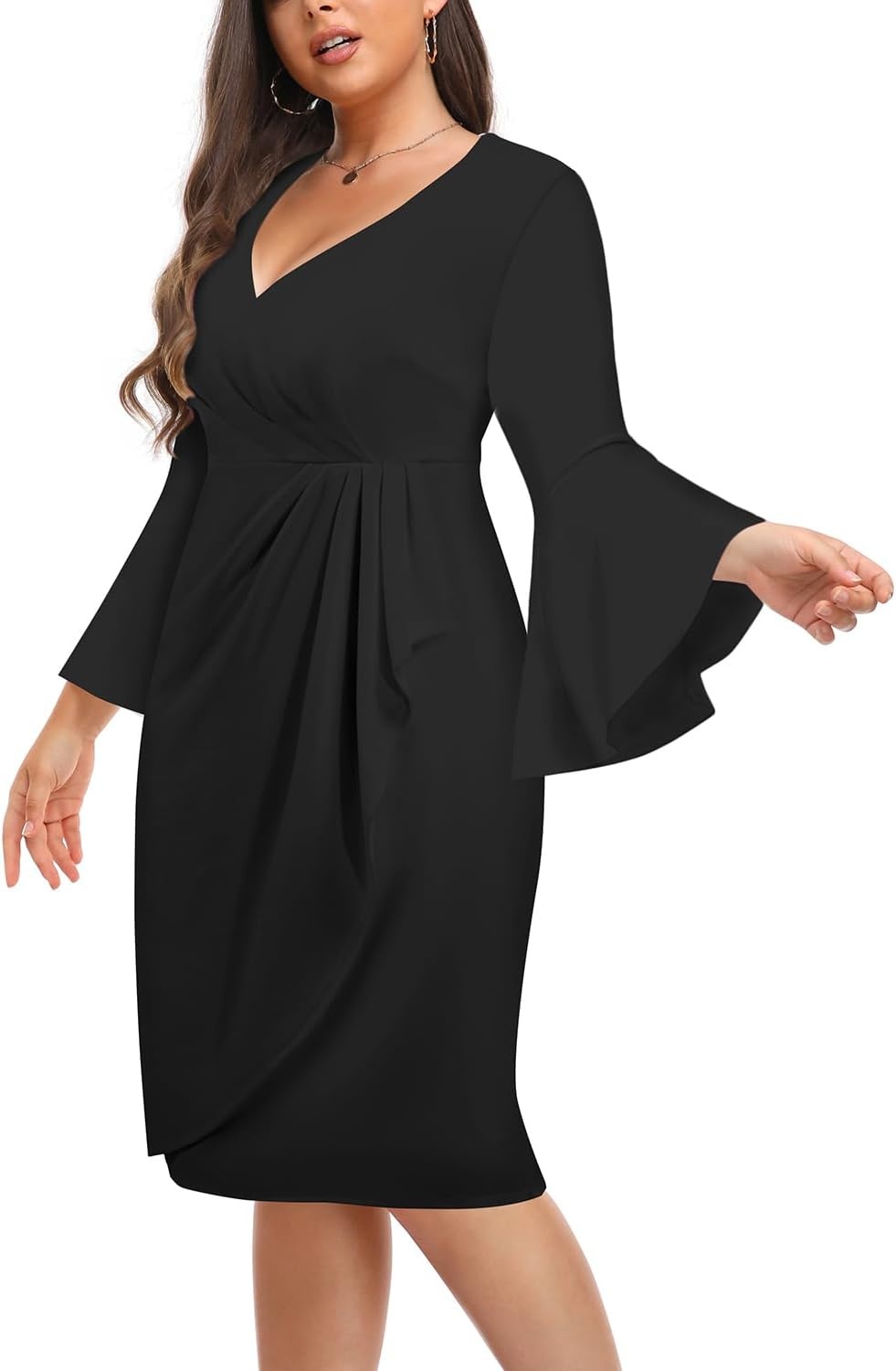 Talisea Women Plus Size Work Dress – Semi Formal Wedding Guest Church Business Office Interview V Neck Bell Sleeve Dress(Black)
