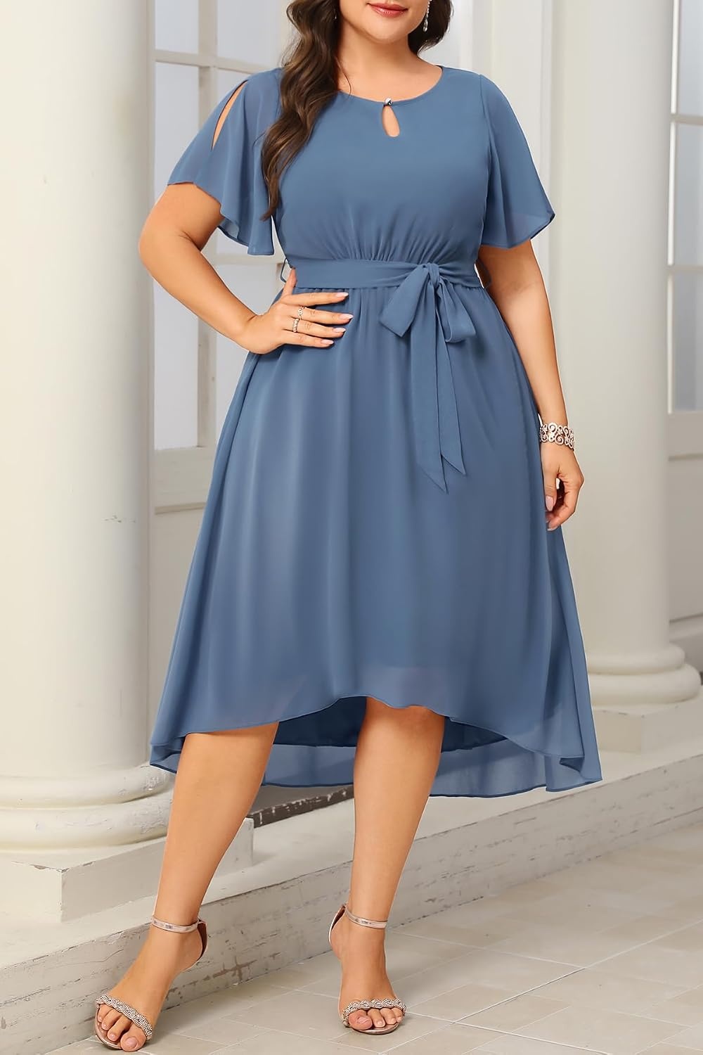 Talisea Plus Size Wedding Guest Chiffon Short Sleeve High Low Formal Dress | Chiffon fabric / keyhole neckline / flutter short sleeves / belted high waist / A-line high low hem(Dusty Blue)