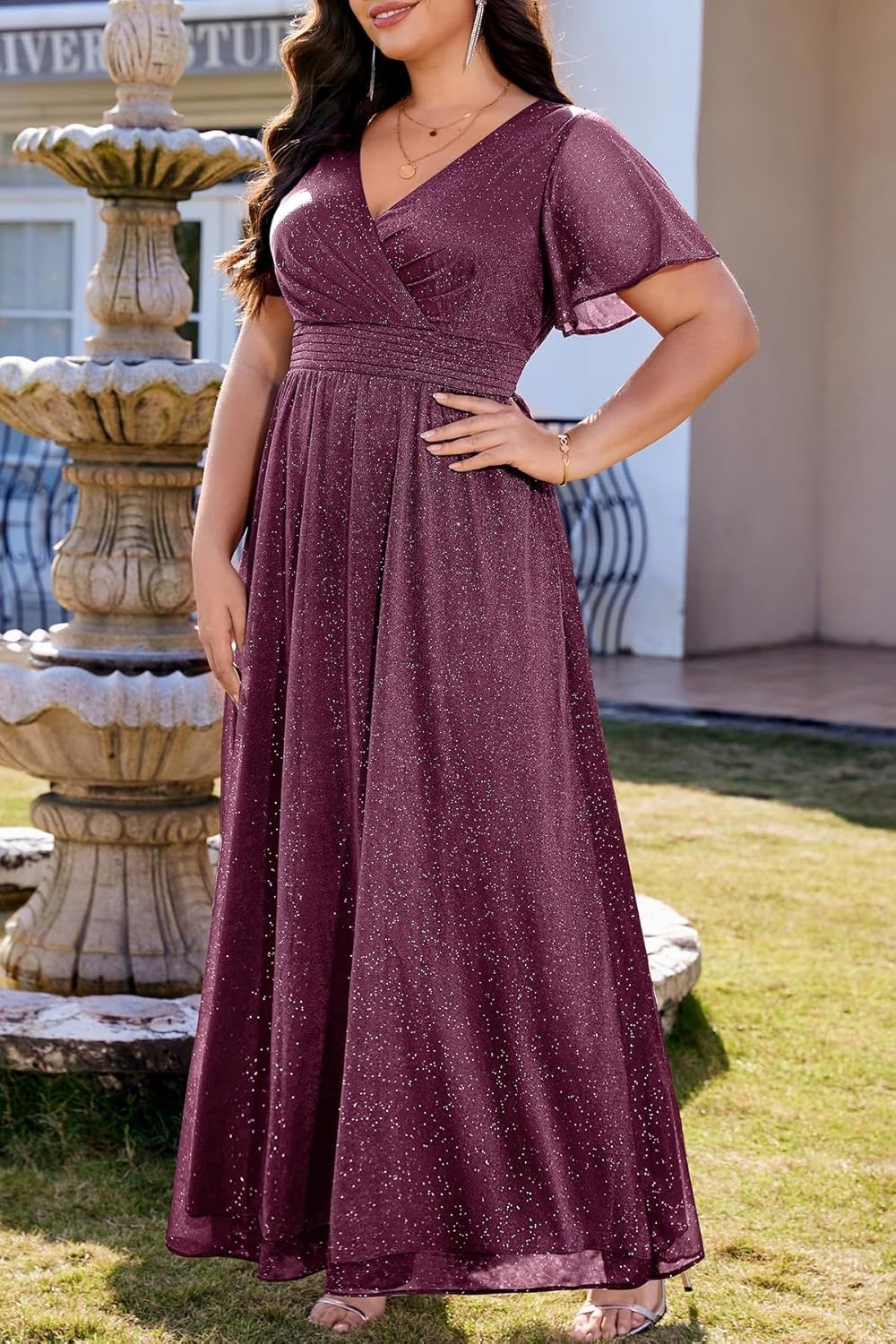 Talisea Plus Size Formal Dresses – V Neck Flutter Sleeve Glitter Prom Evening Gowns Wedding Guest Chiffon Long Maxi Dress(Purple-glitter)