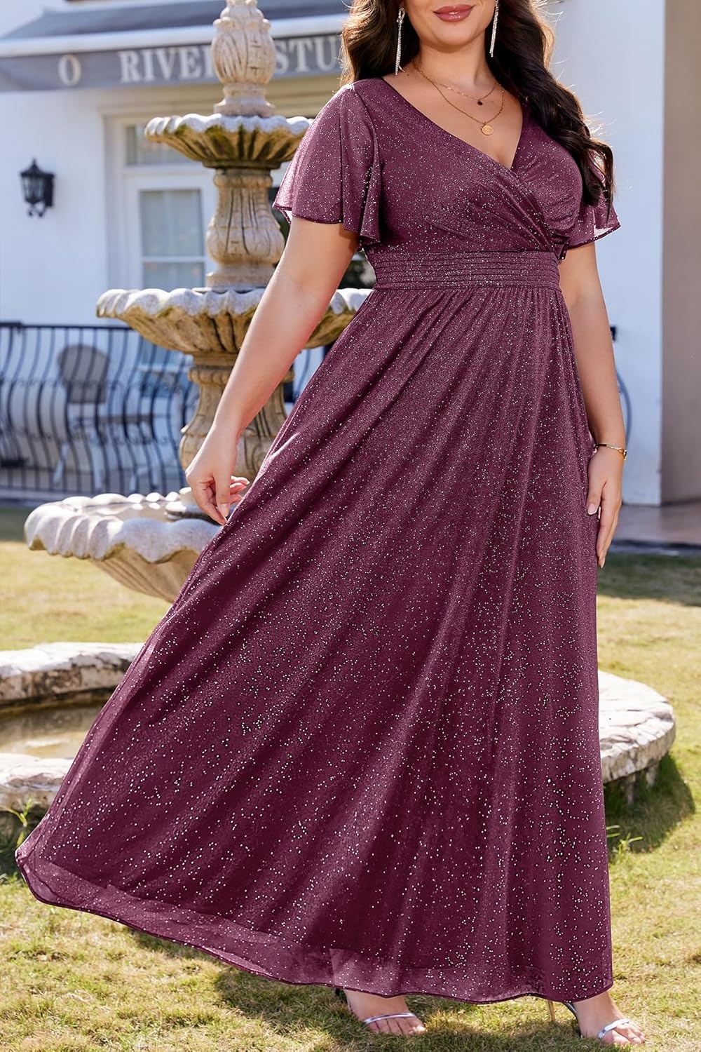 Talisea Plus Size Formal Dresses – V Neck Flutter Sleeve Glitter Prom Evening Gowns Wedding Guest Chiffon Long Maxi Dress(Purple-glitter)