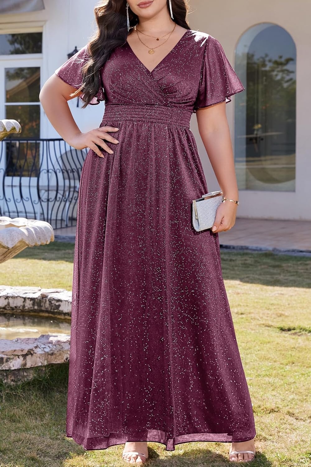 Talisea Plus Size Formal Dresses – V Neck Flutter Sleeve Glitter Prom Evening Gowns Wedding Guest Chiffon Long Maxi Dress(Purple-glitter)