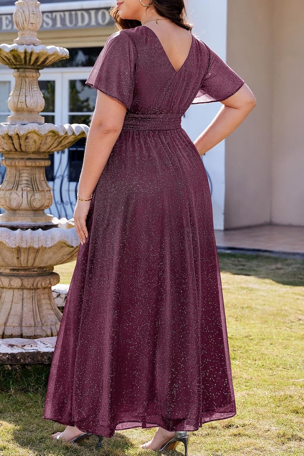Talisea Plus Size Formal Dresses – V Neck Flutter Sleeve Glitter Prom Evening Gowns Wedding Guest Chiffon Long Maxi Dress(Purple-glitter)