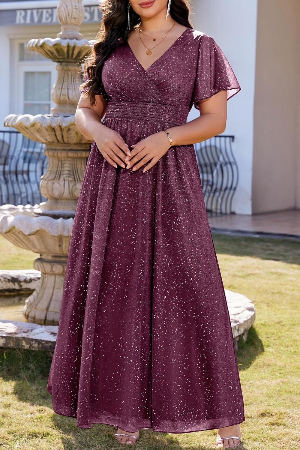 Talisea Plus Size Formal Dresses – V Neck Flutter Sleeve Glitter Prom Evening Gowns Wedding Guest Chiffon Long Maxi Dress(Purple-glitter)