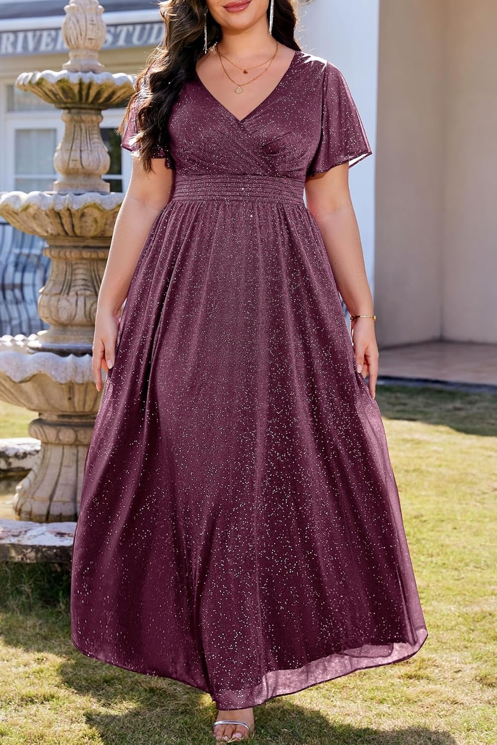 Talisea Plus Size Formal Dresses – V Neck Flutter Sleeve Glitter Prom Evening Gowns Wedding Guest Chiffon Long Maxi Dress(Purple-glitter)
