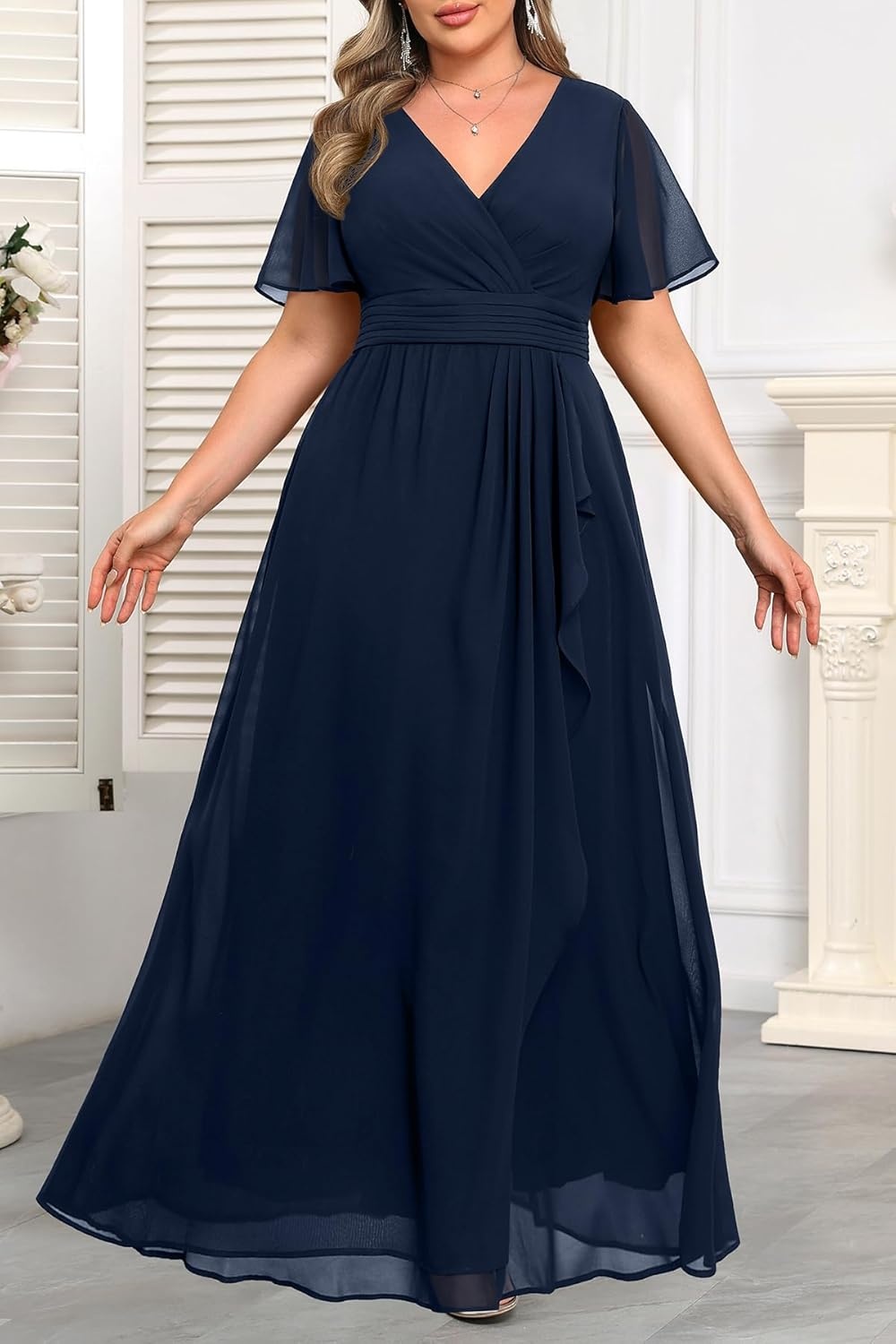 Talisea Plus Size Formal Dresses – Wedding Guest Bridesmaid Evening Prom Chiffon V Neck Ruffle Short Sleeves Long Dress Women(Navy Blue)