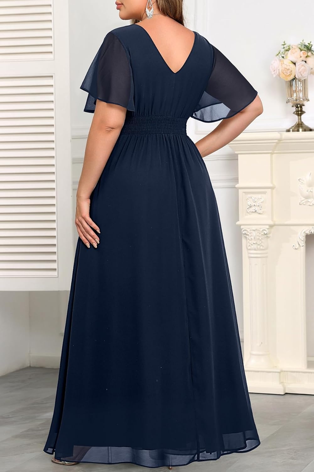 Talisea Plus Size Formal Dresses – Wedding Guest Bridesmaid Evening Prom Chiffon V Neck Ruffle Short Sleeves Long Dress Women(Navy Blue)