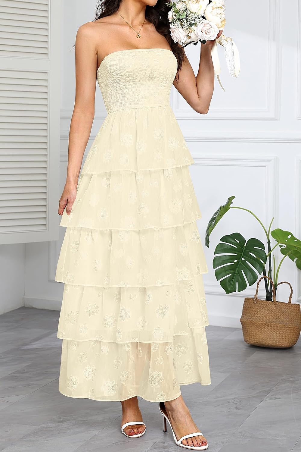 Talisea Wedding Guest Dress Jacquard Strapless Smocked Tiered Maxi Dress | Exquisite Floral Textured Jacquard, Sleeveless Ruffle Chiffon Long Dress for Wedding, Bridal Shower, Graduation, Party, Beach(Beige)