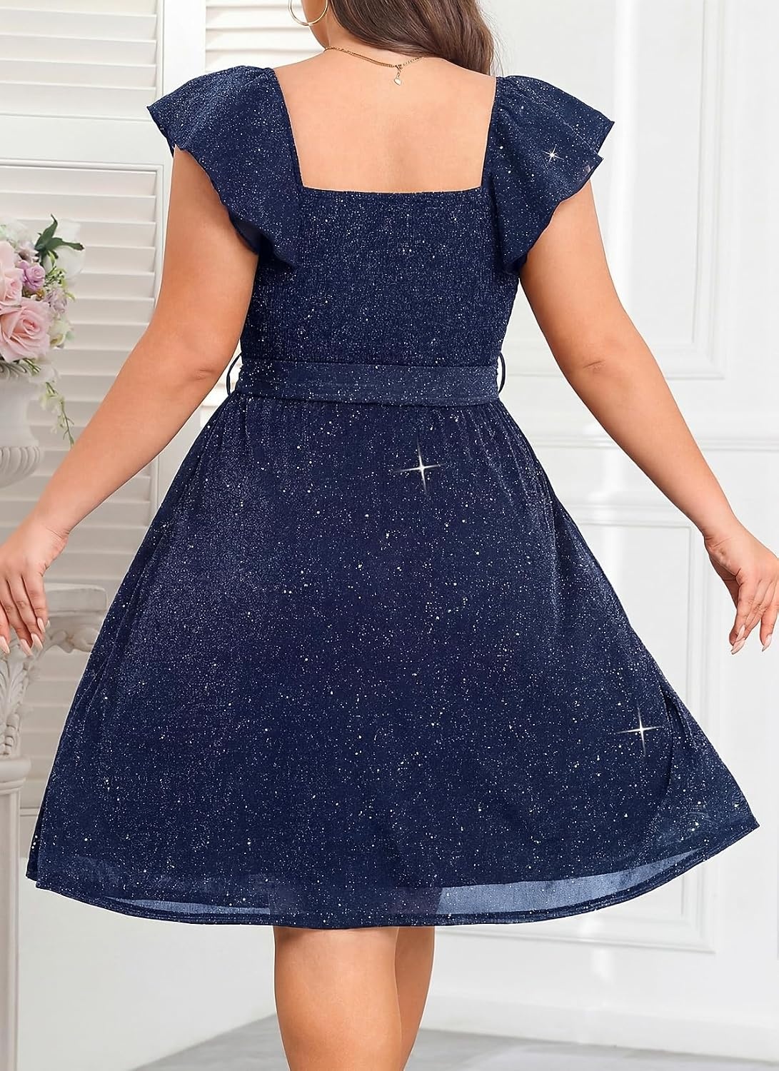 Plus Size Sparkly Cocktail Dress Wrap V Neck Ruffle Sleeve Wedding Guest(Navy Blue)
