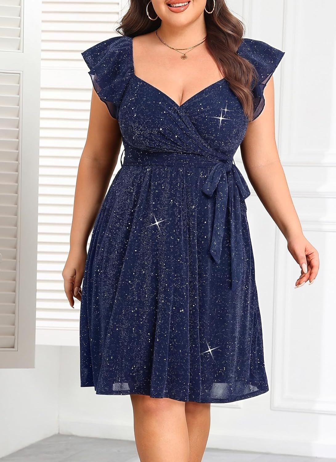 Plus Size Sparkly Cocktail Dress Wrap V Neck Ruffle Sleeve Wedding Guest(Navy Blue)