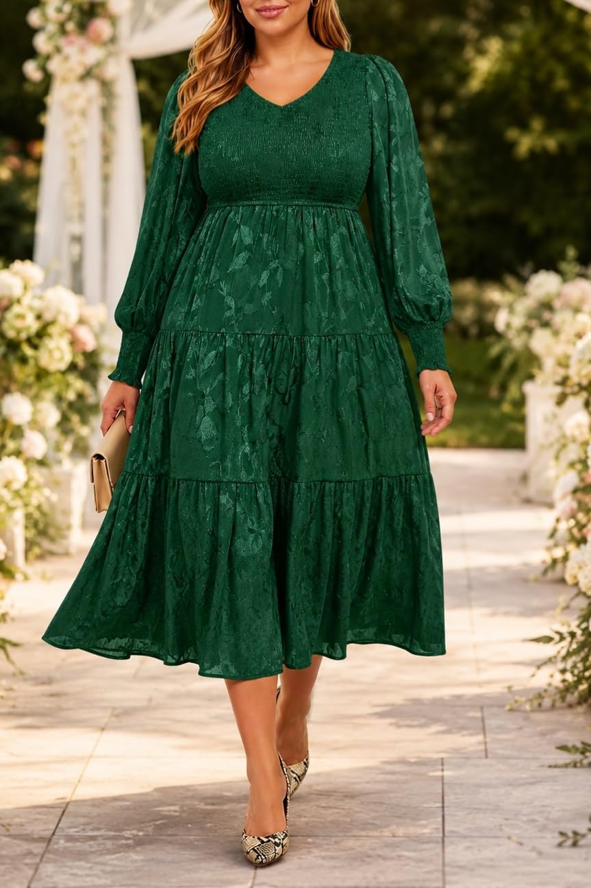Talisea Plus Size V Neck Smocked Puff Sleeve Tiered Midi Dress(Dark Green)
