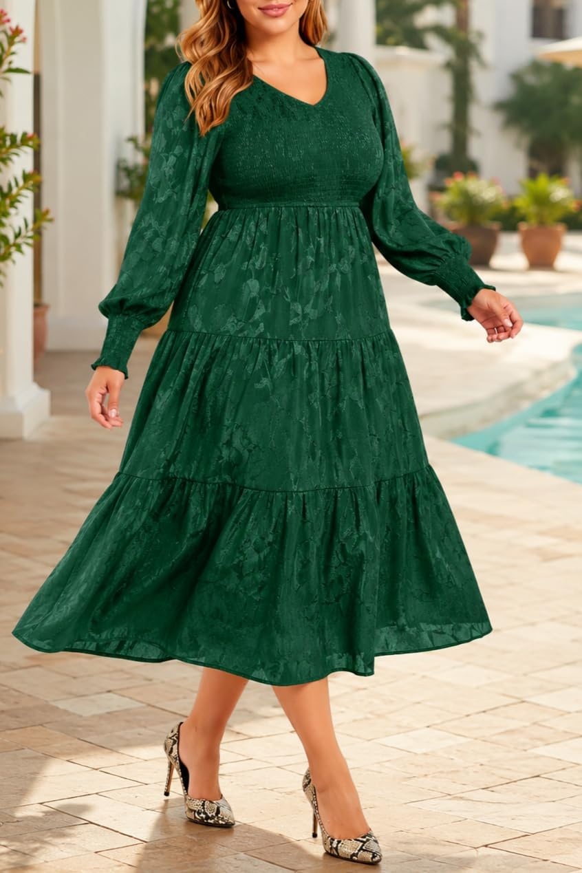 Talisea Plus Size V Neck Smocked Puff Sleeve Tiered Midi Dress(Dark Green)