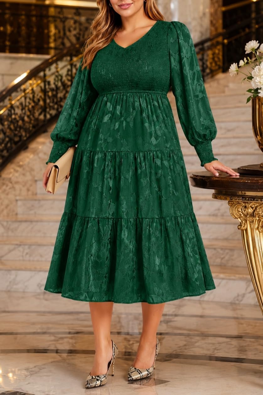 Talisea Plus Size V Neck Smocked Puff Sleeve Tiered Midi Dress(Dark Green)