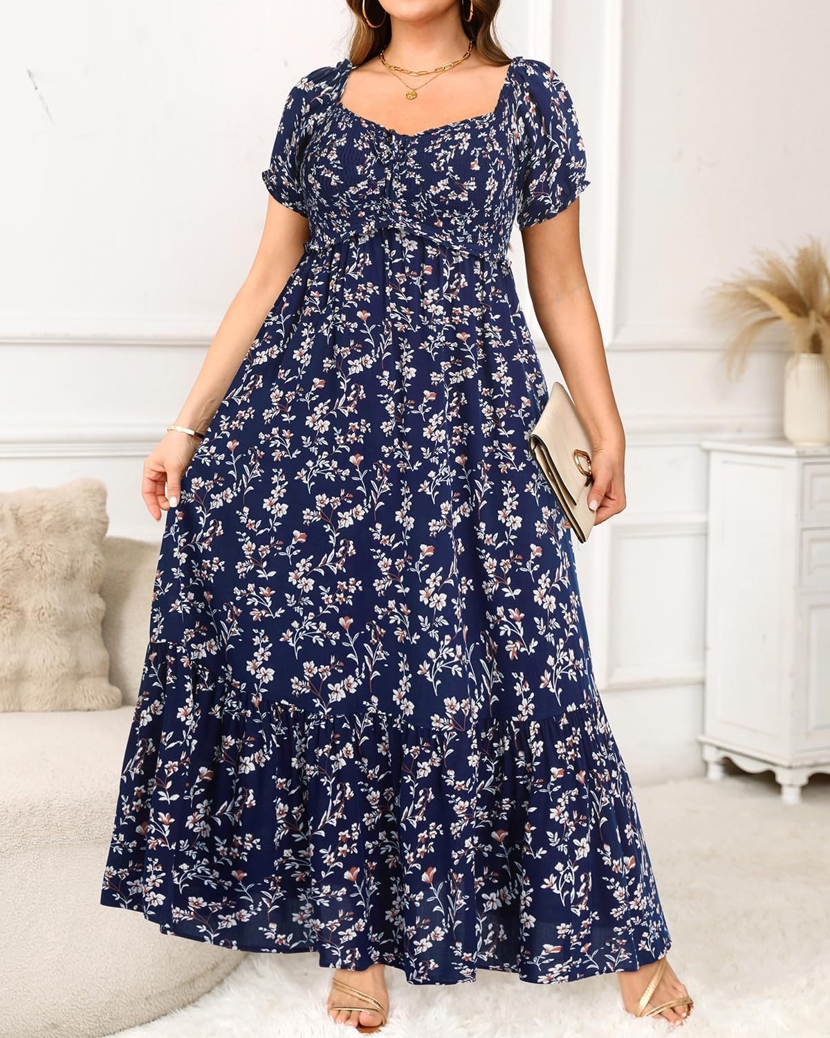 Plus Size Summer Dresses Off the Shoulder Boho Maxi A Line Long Dress Women | Plus Size Summer Maxi Dresses Women Casual Boho Off the Shoulder Long Dress Spring Flowy Beach Vacation Sundress(Navy Floral)