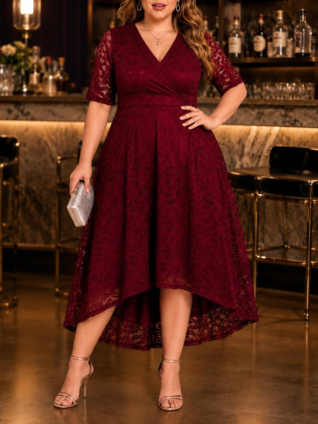 Plus Size Wedding Guest Dress – Lace Cocktail Formal Faux Wrap V Neck High Low Short Sleeve Party Maxi Dresses(Burgundy)